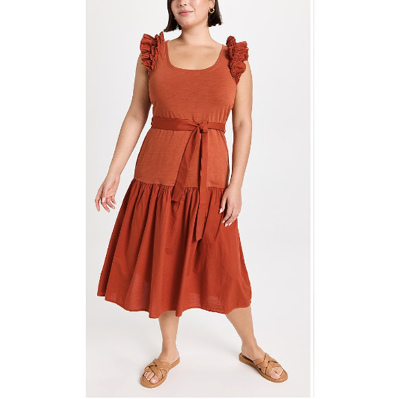 NATION LTD x Evereve NWT Everleight Ruffle Shoulder Midi Dress in Cayenne // XL - Picture 1 of 15